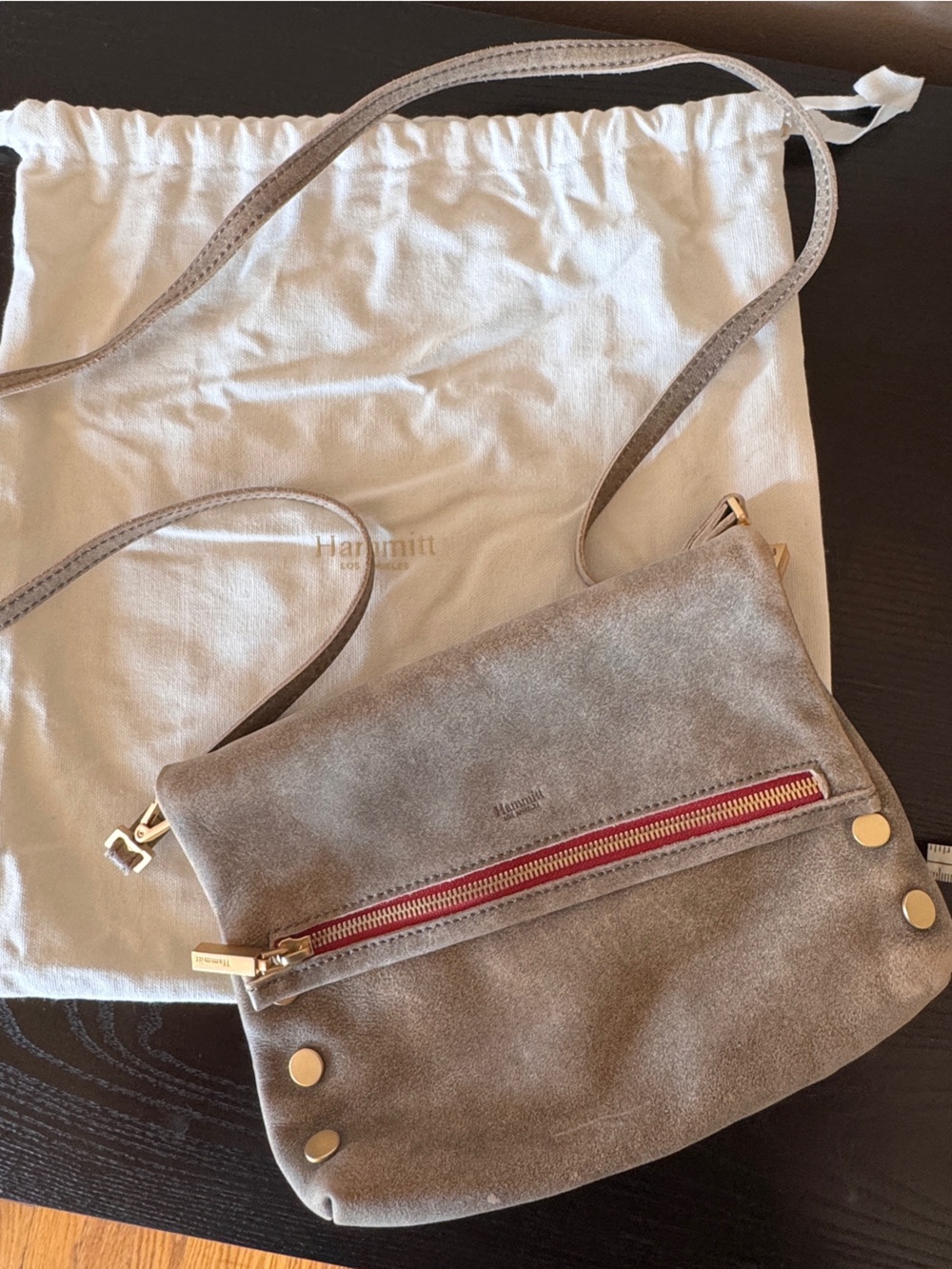 Hammitt VIP MediumTaupe Suede Crossbody with Red Zip and Gold Hardware